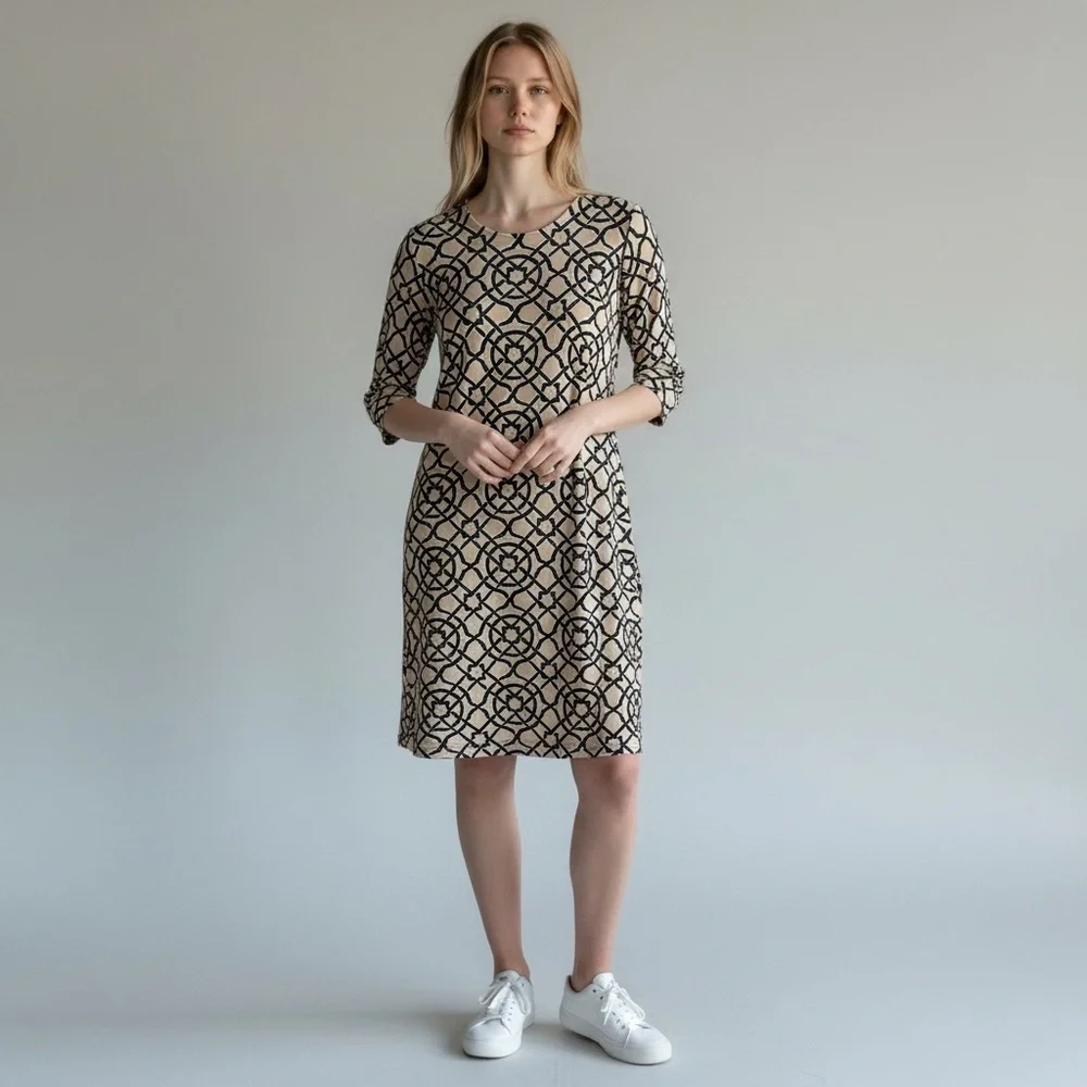 J McLaughlin Devon Ponte Knit Black & Tan Scribe Print Dress Size M